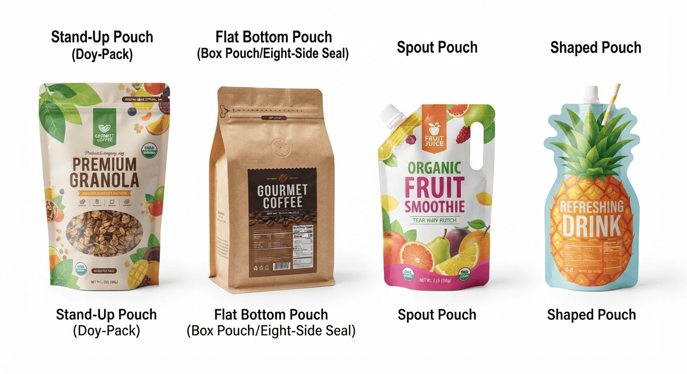 types of stand-up pouches zipper spout flat bottom shaped