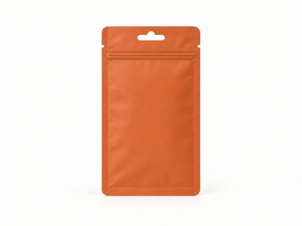 A flat terracotta three-side-seal bag shows a euro hang hole, tear notches, resealable zipper, side and bottom seals, and rounded corners.