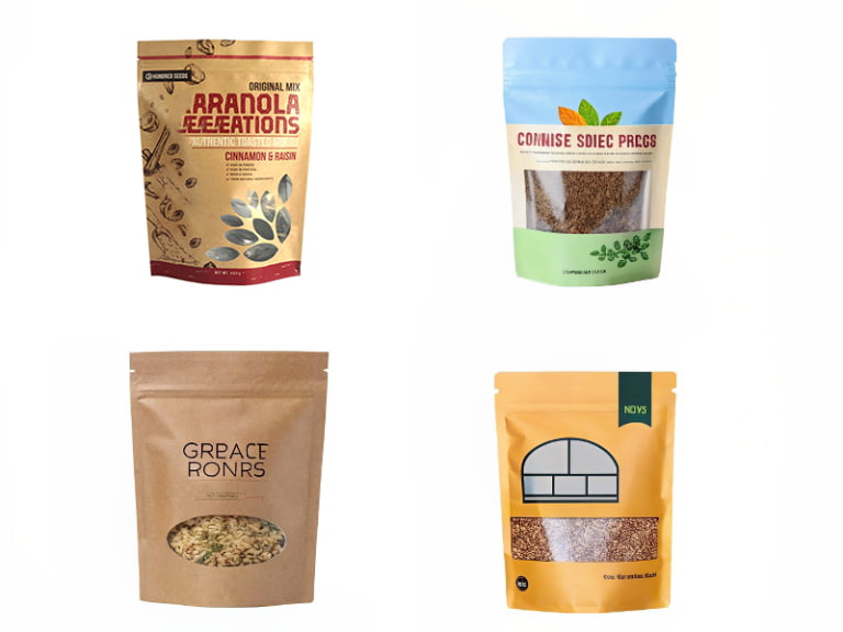 Kraft and printed pouches with custom clear windows in different shapes showing the product inside