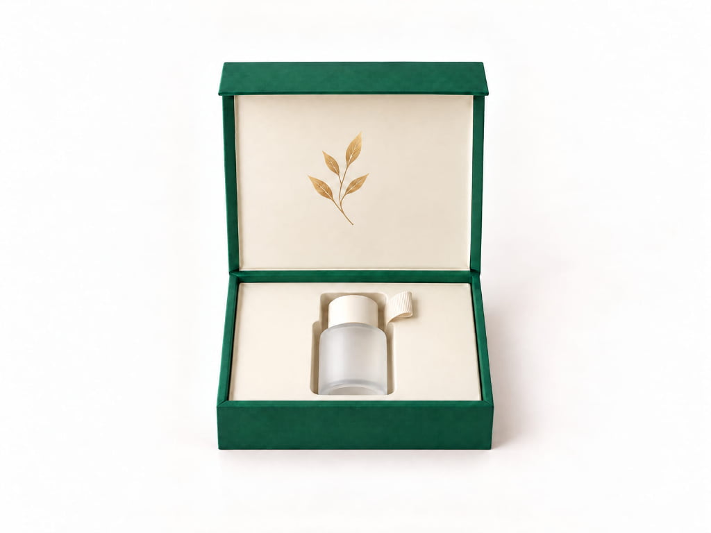 An open forest-green book-style rigid gift box shows a closure flap, gold foil leaf motif, hinged lid, ribbon pull and cream fitted insert holding an unmarked frosted bottle.