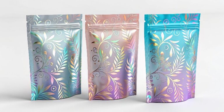 Three stand-up pouches printed on holographic laser film with iridescent floral patterns