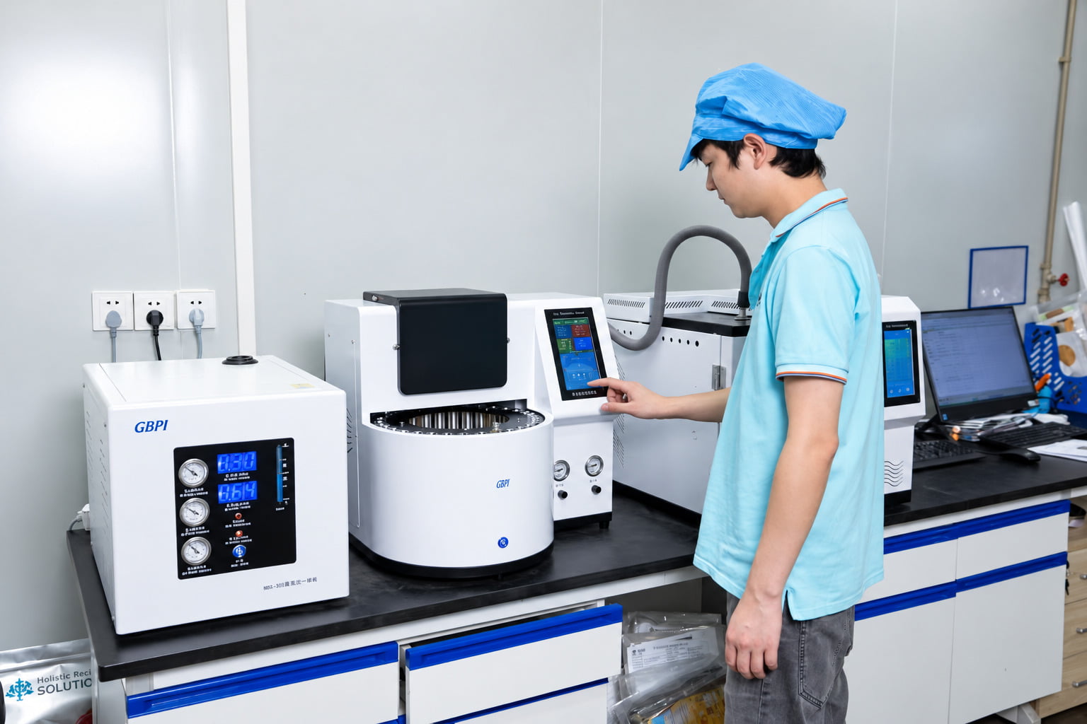 Sorbar laboratory technician operating packaging testing instruments.