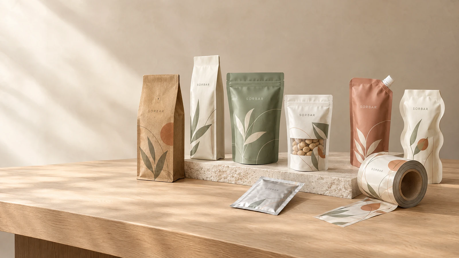 Sorbar concept packaging family in natural paper textures, sage green and warm cream, arranged in a warm showroom.