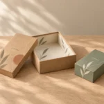 Sage, kraft and cream concept gift boxes, with realistic packaging construction.