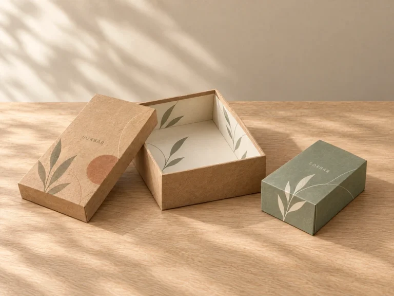 Sage, kraft and cream concept gift boxes, with realistic packaging construction.