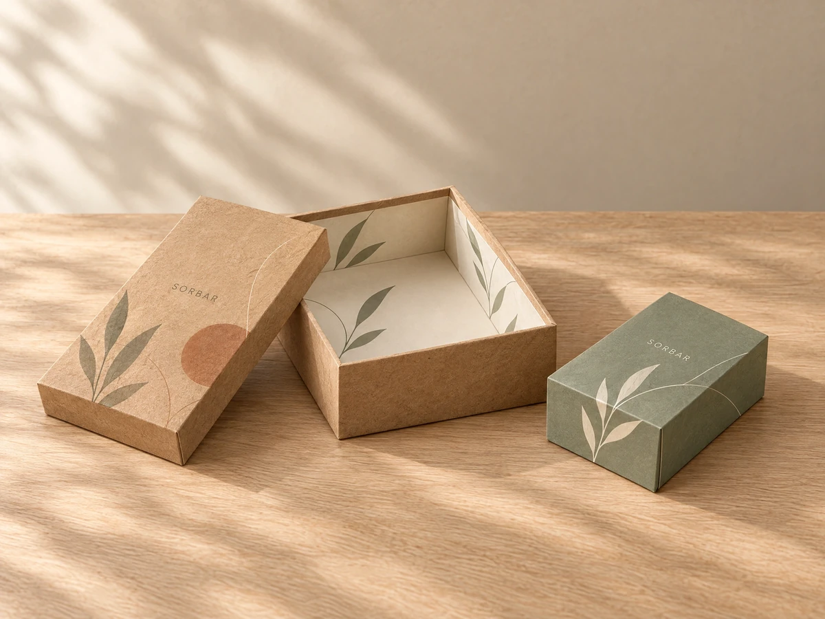Sage, kraft and cream concept gift boxes, with realistic packaging construction.