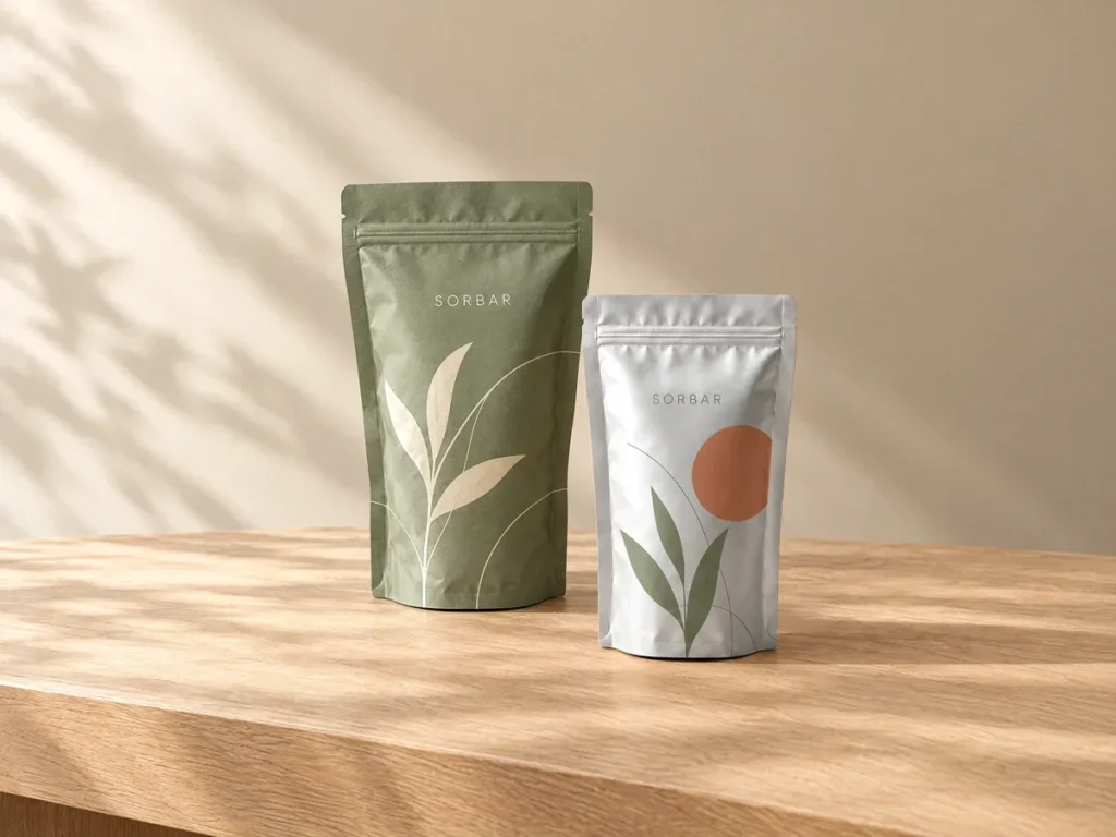 Metallic silver foil and sage printed stand-up pouches on a warm wooden table
