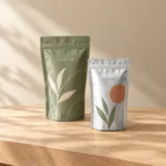 Metallic silver foil and sage printed stand-up pouches on a warm wooden table