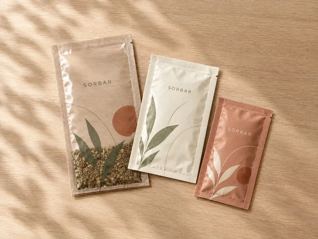 Clear, cream and terracotta three side seal sachets with leaf artwork on a wooden table