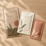 Clear, cream and terracotta three side seal sachets with leaf artwork on a wooden table