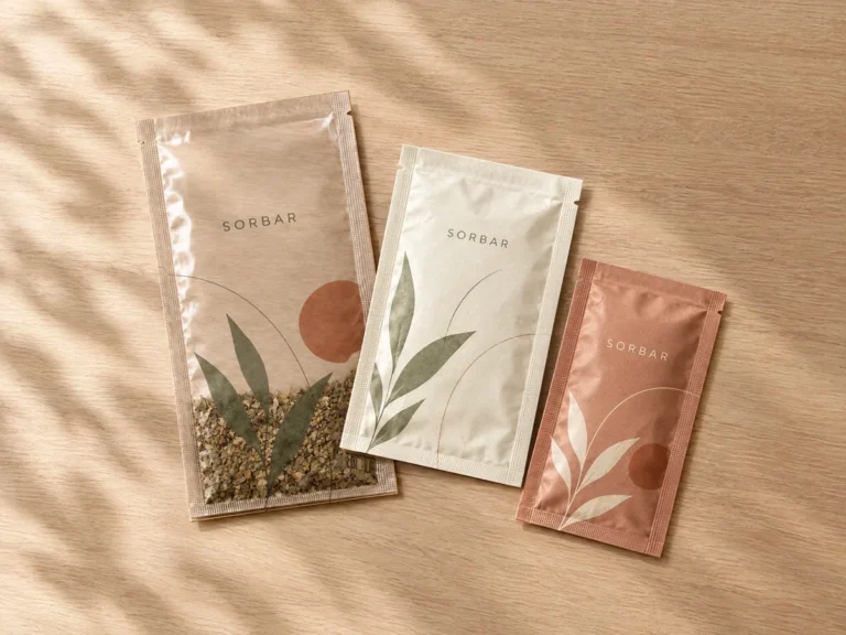Clear, cream and terracotta three side seal sachets with leaf artwork on a wooden table