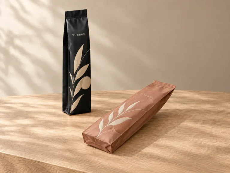 Matte black and terracotta side gusset bags with leaf artwork on a wooden table