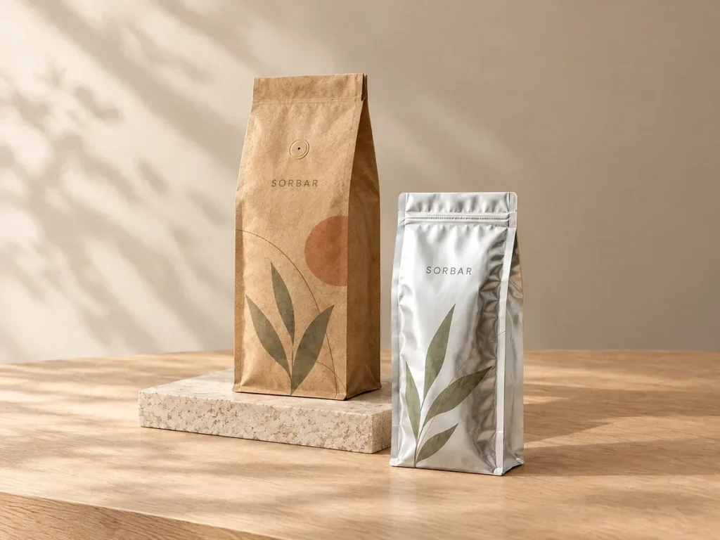 Kraft and metallic silver foil flat bottom bags with leaf artwork on a stone block and wooden table