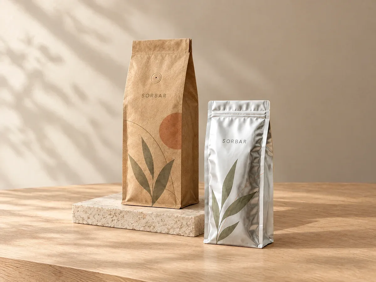 Kraft and metallic silver foil flat bottom bags with leaf artwork on a stone block and wooden table