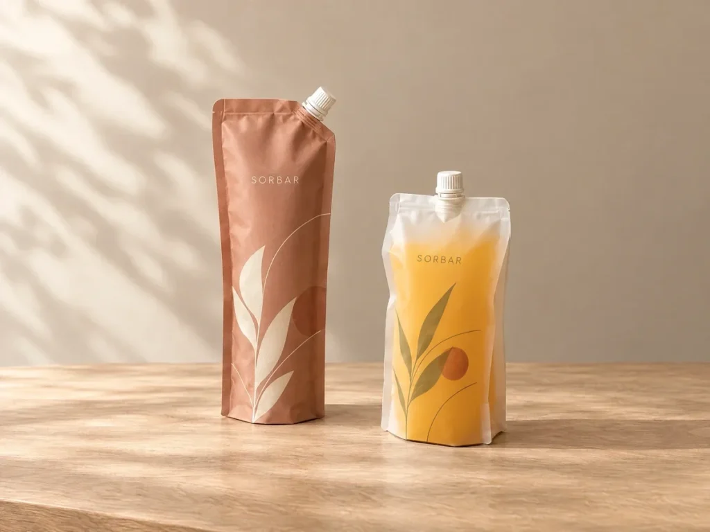 Terracotta and frosted translucent spout pouches, one showing orange juice inside, on a wooden table