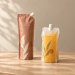 Terracotta and frosted translucent spout pouches, one showing orange juice inside, on a wooden table