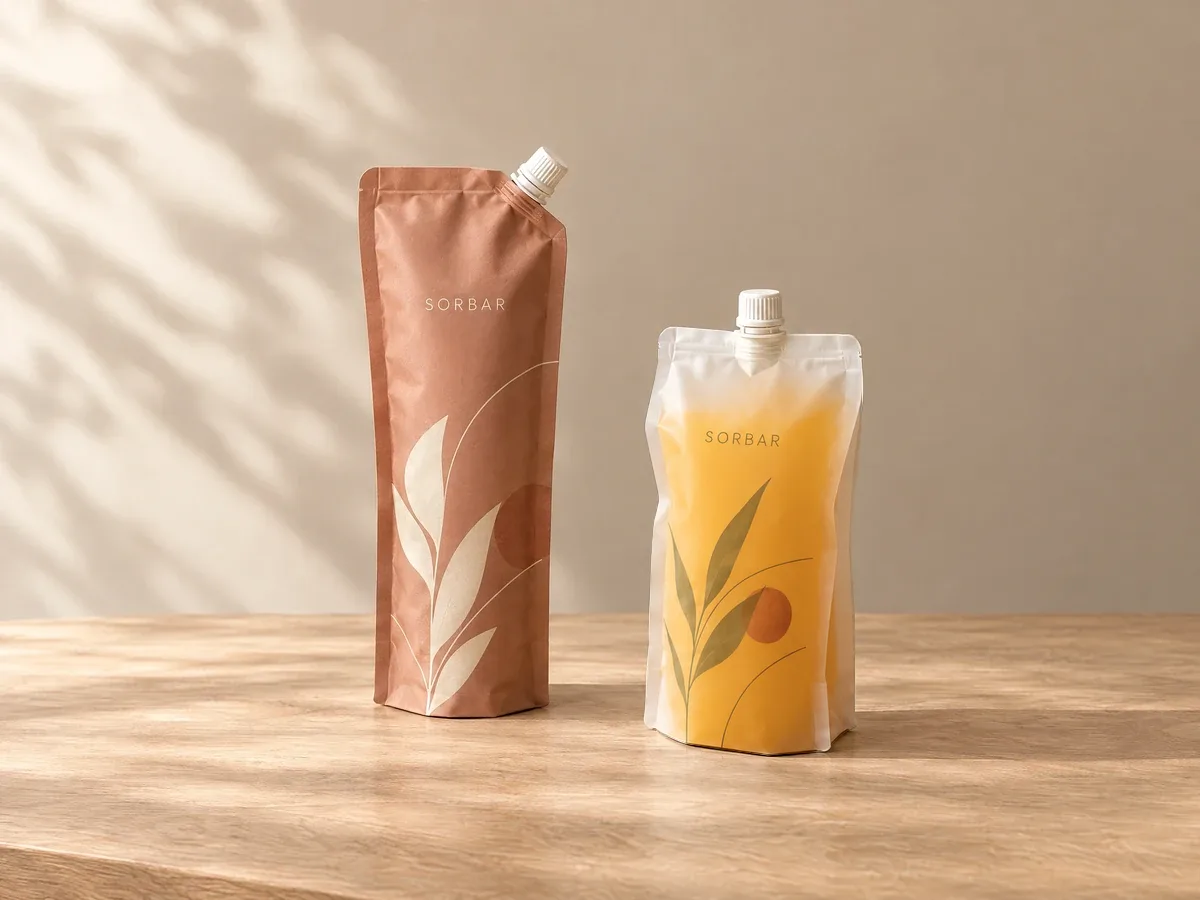 Terracotta and frosted translucent spout pouches, one showing orange juice inside, on a wooden table