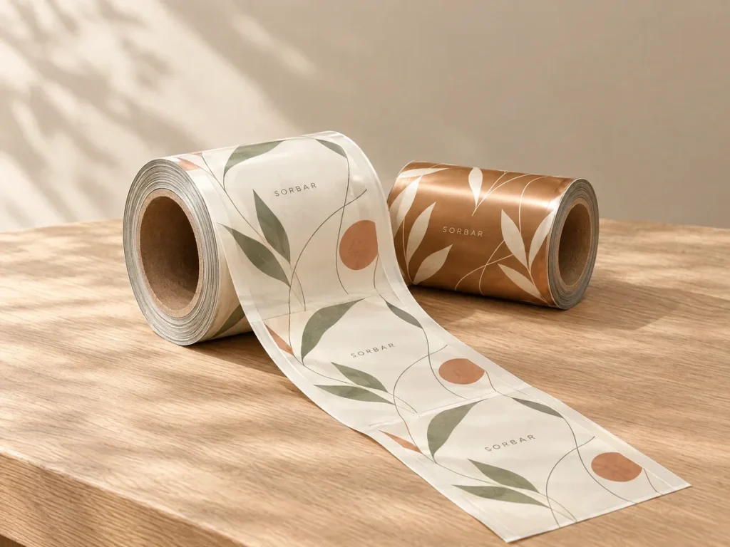 Two printed laminated film reels, one with a metallic backing, unrolled on a wooden table