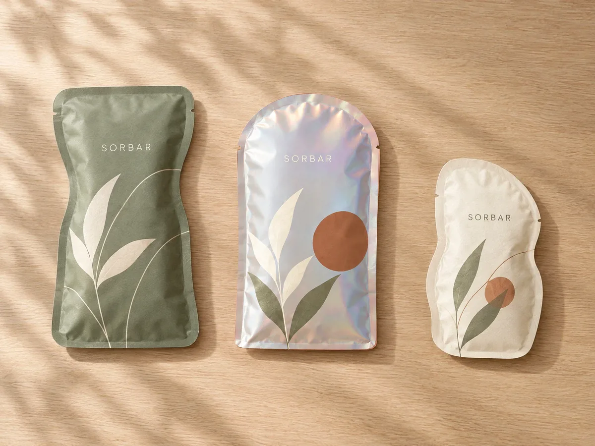 Sage, holographic and cream shaped pouches with leaf artwork on a wooden table