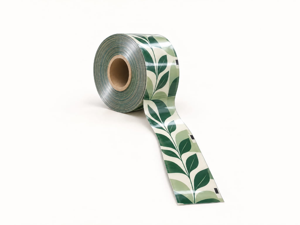 A reel of printed laminated film shows its wound edge, cardboard core, glossy surface and an unwound tail with repeating leaf graphics, a clean edge and dark eye marks.