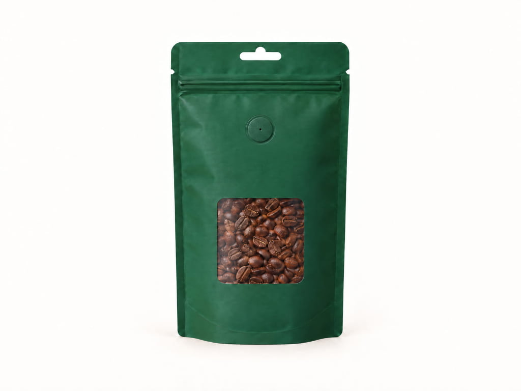 Front view of a green stand-up pouch with euro hang hole, tear notches, zipper, rounded corners, centered degassing valve, clear coffee-bean window and bottom gusset.