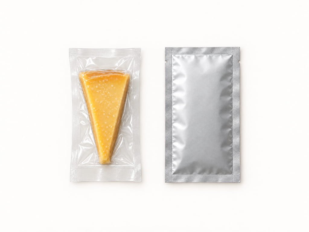 A clear vacuum bag tightly hugs a cheese wedge beside an opaque silver retort pouch, with broad heat-sealed edges and flat pouch construction visible.