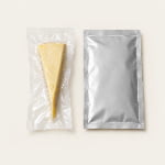 A clear vacuum bag tightly wraps cheese beside a flat opaque silver retort pouch.